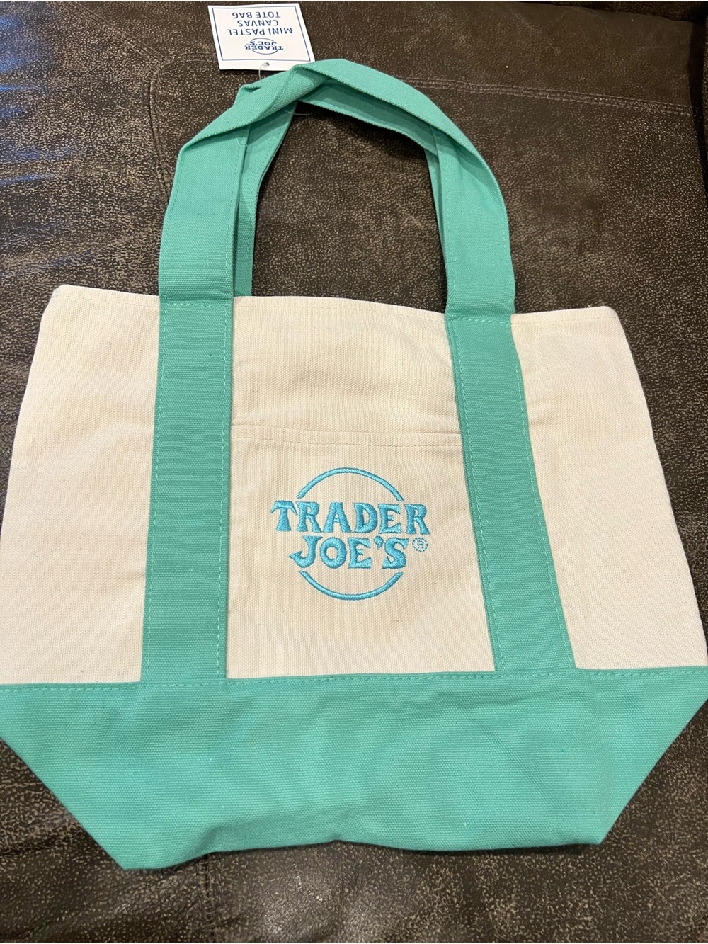 ✦ Trader Joe’s Mini Pastel Canvas Tote Bag Mint Green Cream 2 Side Pockets NWT